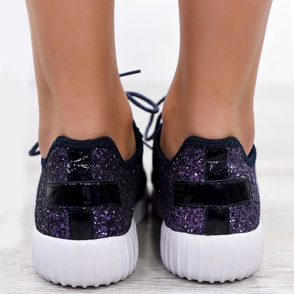 NEW🔥 Navy Glitter Lace-Up Low Top Fashion Sneakers Light-Weight Slip-On - Picture 3 of 3